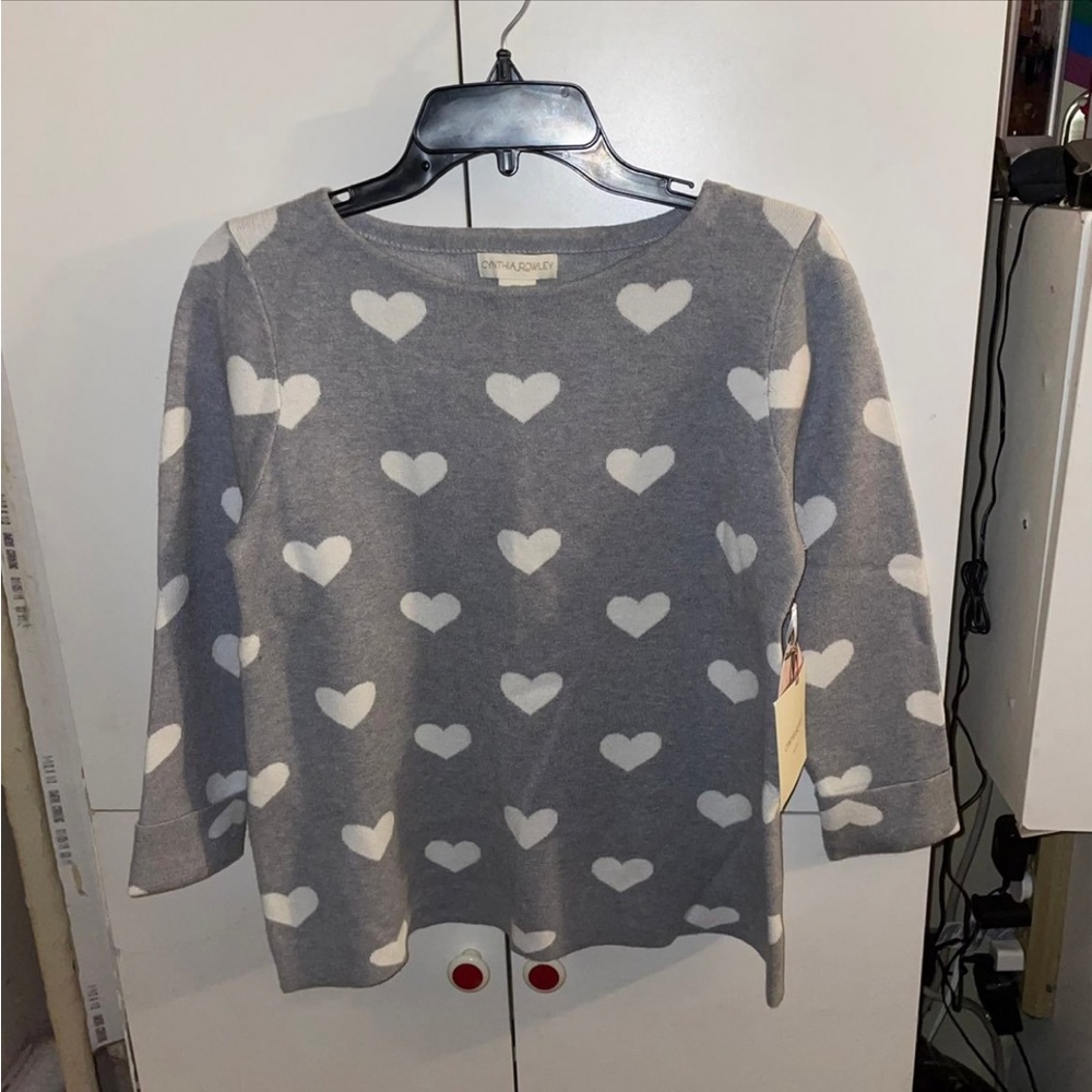 Cynthia Rowley Grey + White Heart Sweater with Cuffed Sleeve